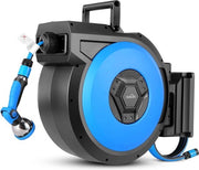 Slanghaspel 20 m + 3 m, box per serbatoio, irrigatore da giardino rotativo 180°, meccanismo di avvolgimento, irrigatore automatico con 8-in-1 doccia multiuso, supporto per parete per giardini e irrigazione