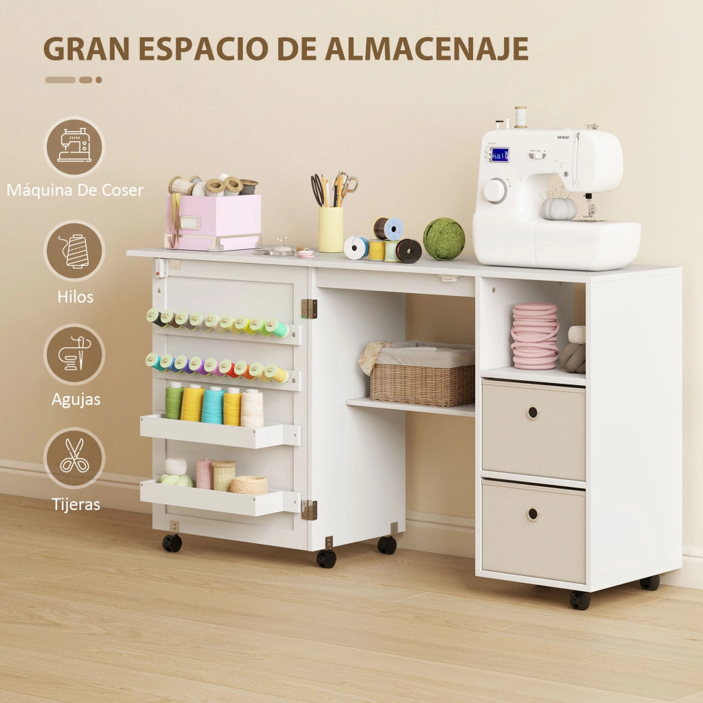 Tavolo da cucito pieghevole ¨C zephmum ¨C con cassetti e ruote bianco