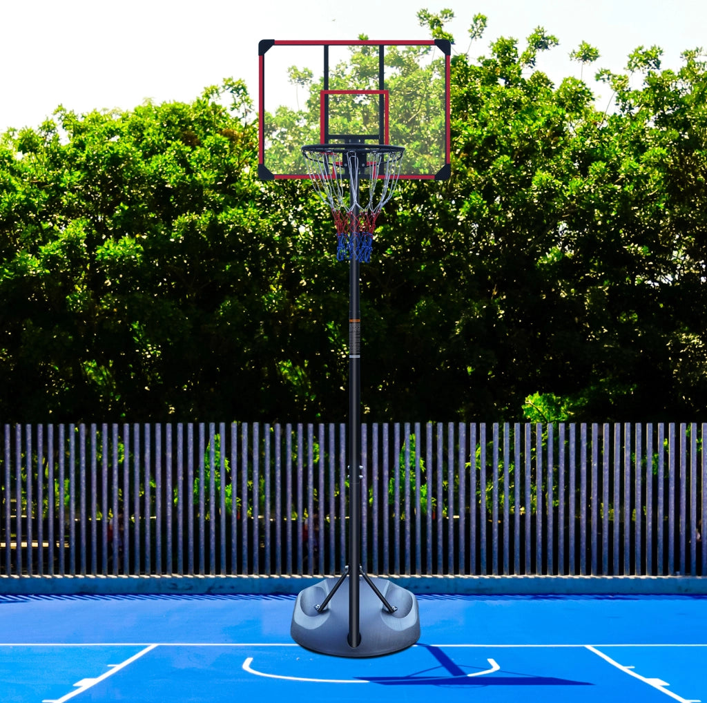 Canestro da basket ULEVR regolabile 228,6-280,42 cm con ruote, tabellone e base triangolare nero e rosso