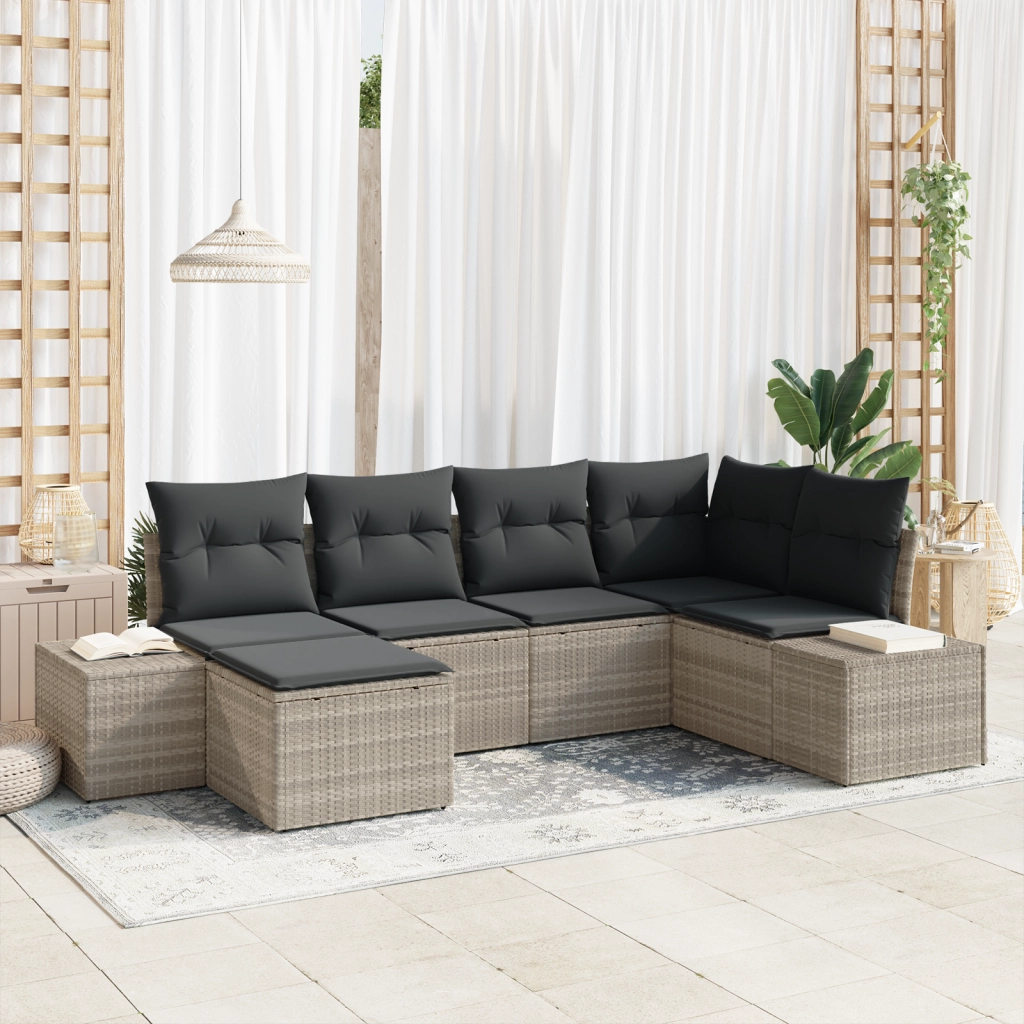 Set da giardino di 6 pezzi con cuscini grigio chiaro in polyrattan