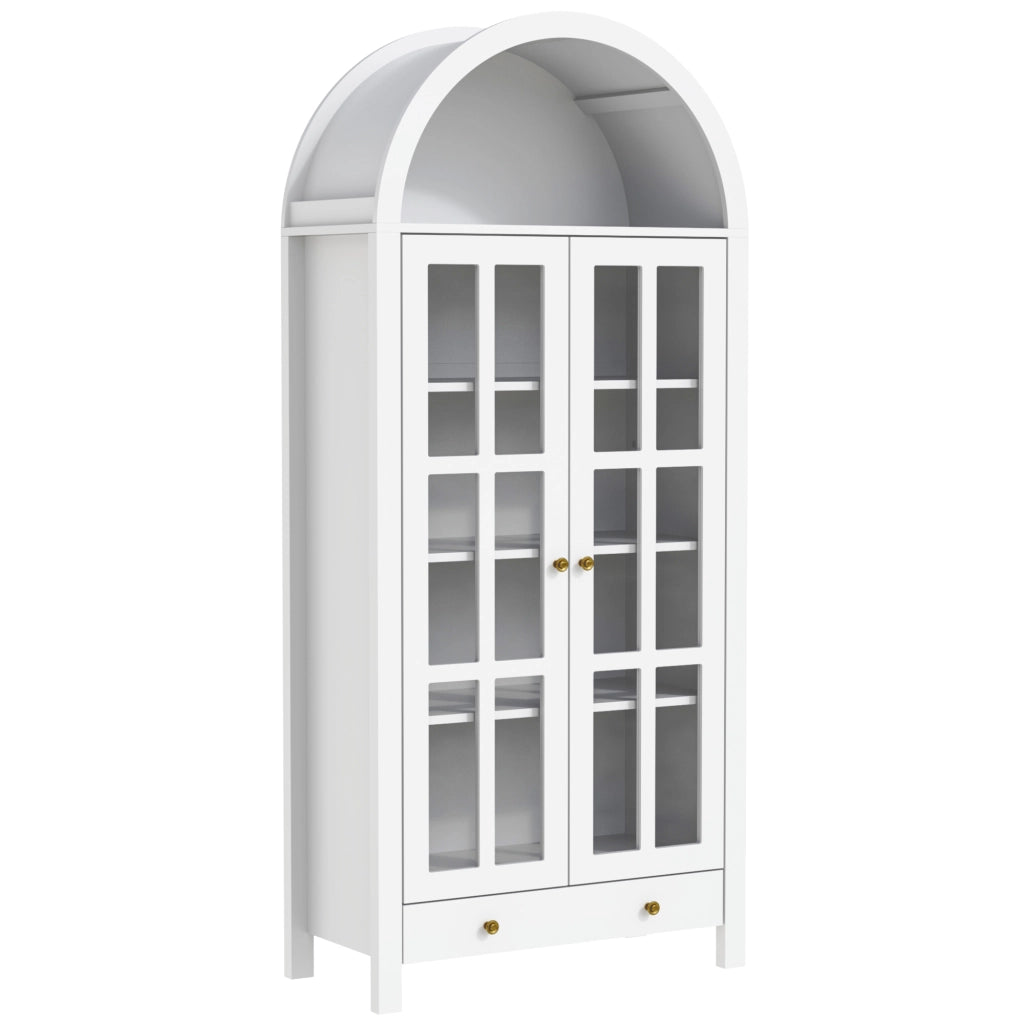 Vetrina ad arco con ripiani e 1 cassetto; per soggiorno; in MDF; 75×35×170.5 cm; bianco
