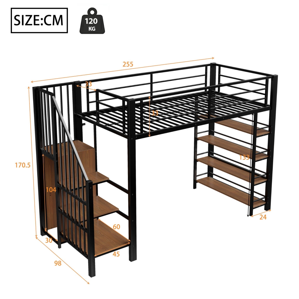 DESMIU Letto a soppalco 1 posto con scala contenitore, armadio e ripiani, 90 × 200 cm, senza materasso