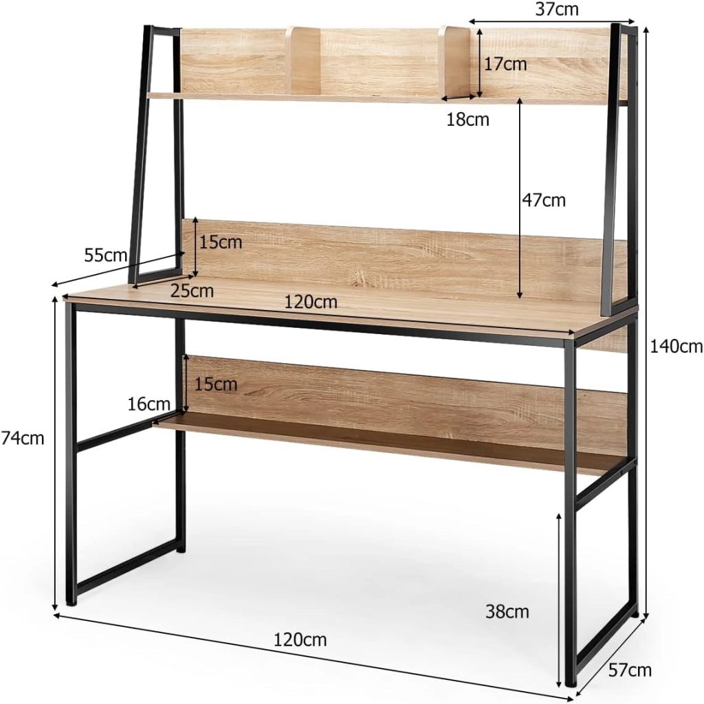 Scrivania con Libreria e Ripiano, Scrivania Salvaspazio per PC Portatile con 3 Scomparti e Ripiano Aperto, Scrivania per Ufficio e Casa, 120 x 57 x 140 cm (Naturale)