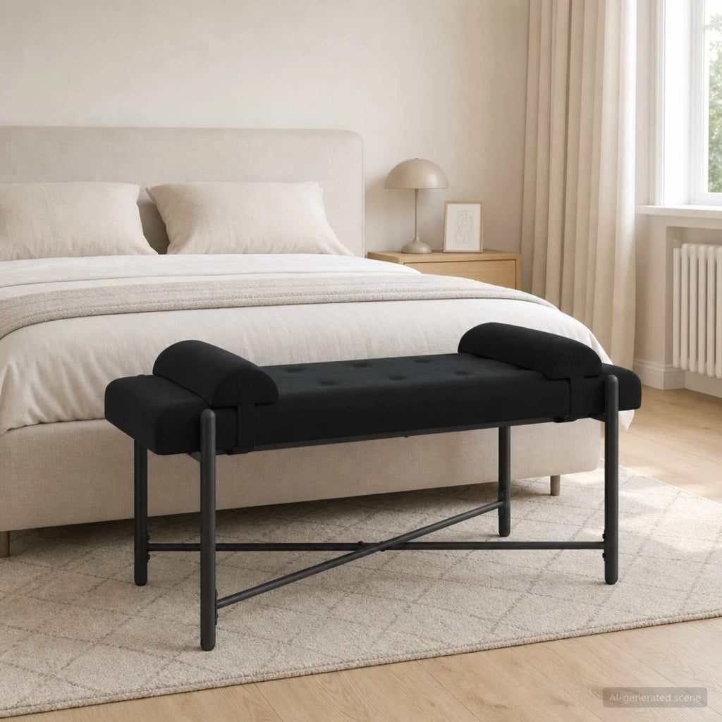 Panchina con bottoni e cuscini Nero 110 x 40 x 46 cm Velluto 42038391