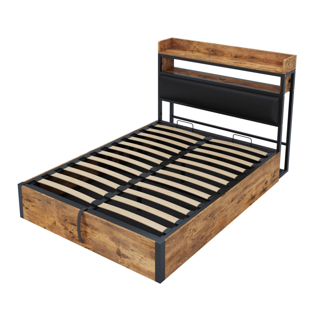Letto matrimoniale 140x200 cm con contenitore; testiera imbottita con USB; nero