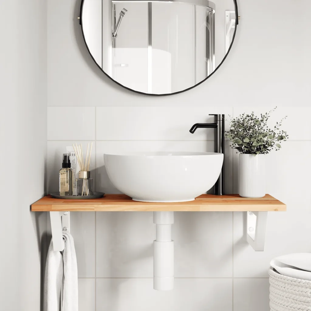 Ripiano a Parete per Lavabo in Acciaio e Massello di Acacia 3302722