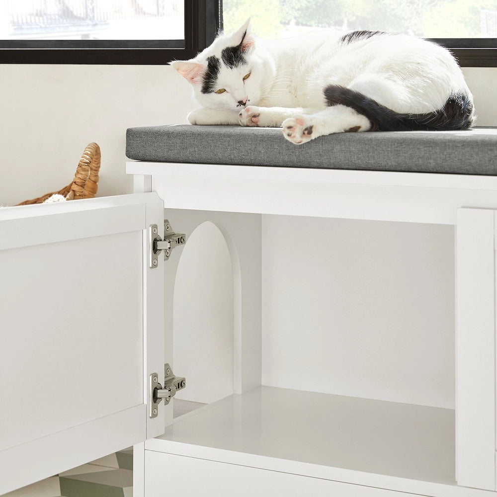 SoBuy Cuccia per gatti con ciotola per gatti in acciaio Inossidabile Panca con seduta Casetta per gatti Bianco 90x36x44cm FSR136-W