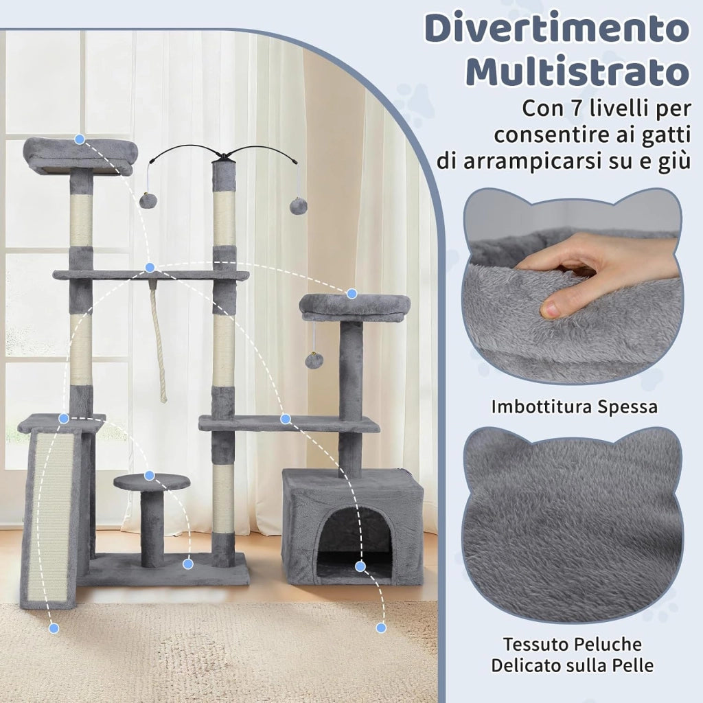 Albero per Gatti Alto 136 cm, Tiragraffi per Gatti da Interno con Tiragraffi, Rampa, 2 Posatoi Imbottiti, Ampio Condo, Palline Pendenti, Corda Appesa e Piattaforma Multilivello (Grigio Chiaro)
