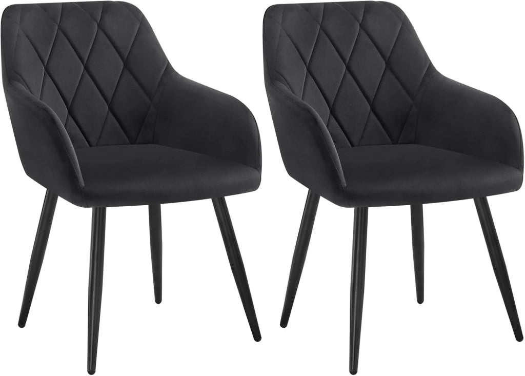 Set di 2 Sedie per Sala da Pranzo Imbottita, Poltroncina in Velluto,Sedia da Cucina con Braccioli e Schienale, Gambe in Metallo, Nero, BH352sz-2