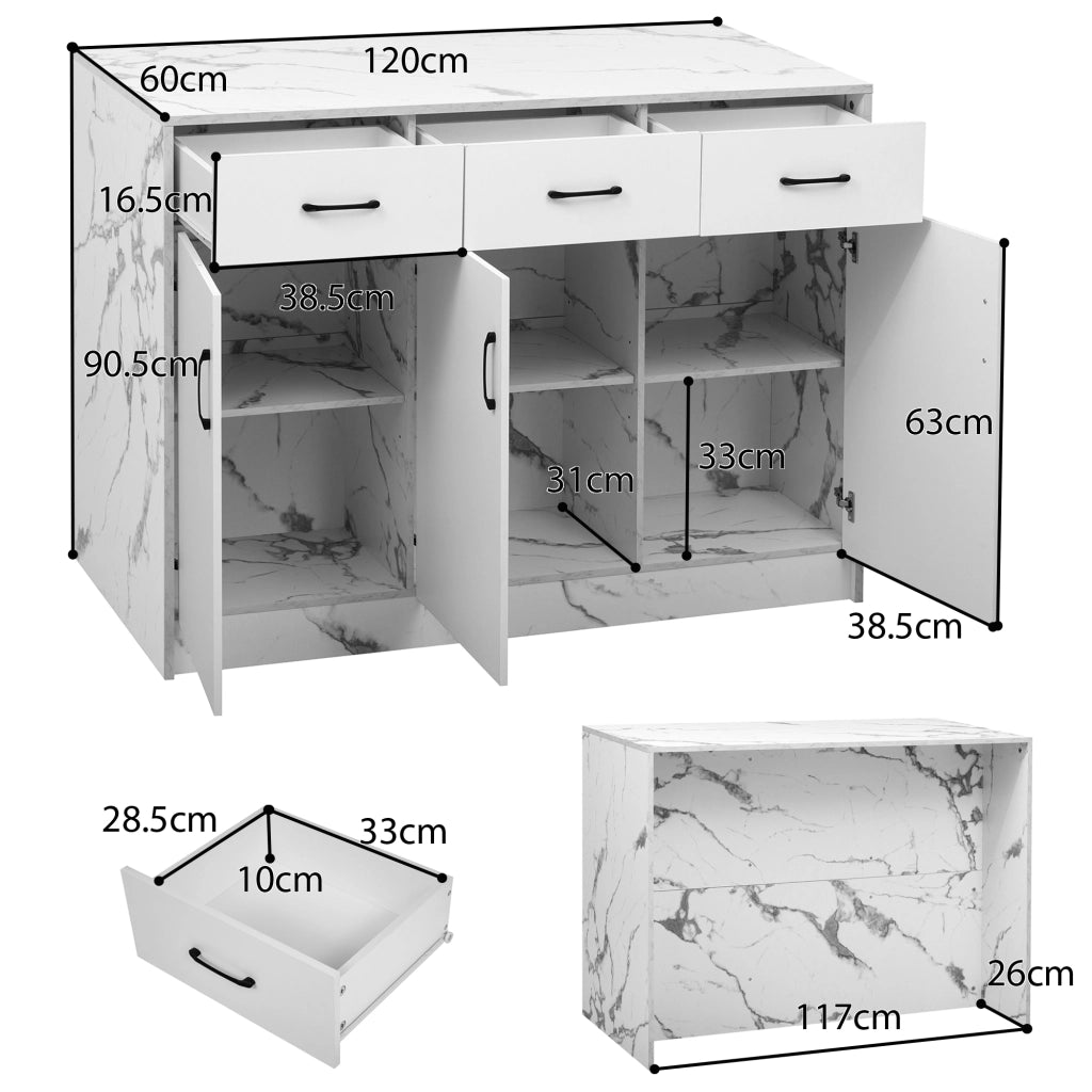 Isola da cucina con 3 cassetti; 3 ante; ripiani regolabili e zona bar integrata per cucina; bianco marmo