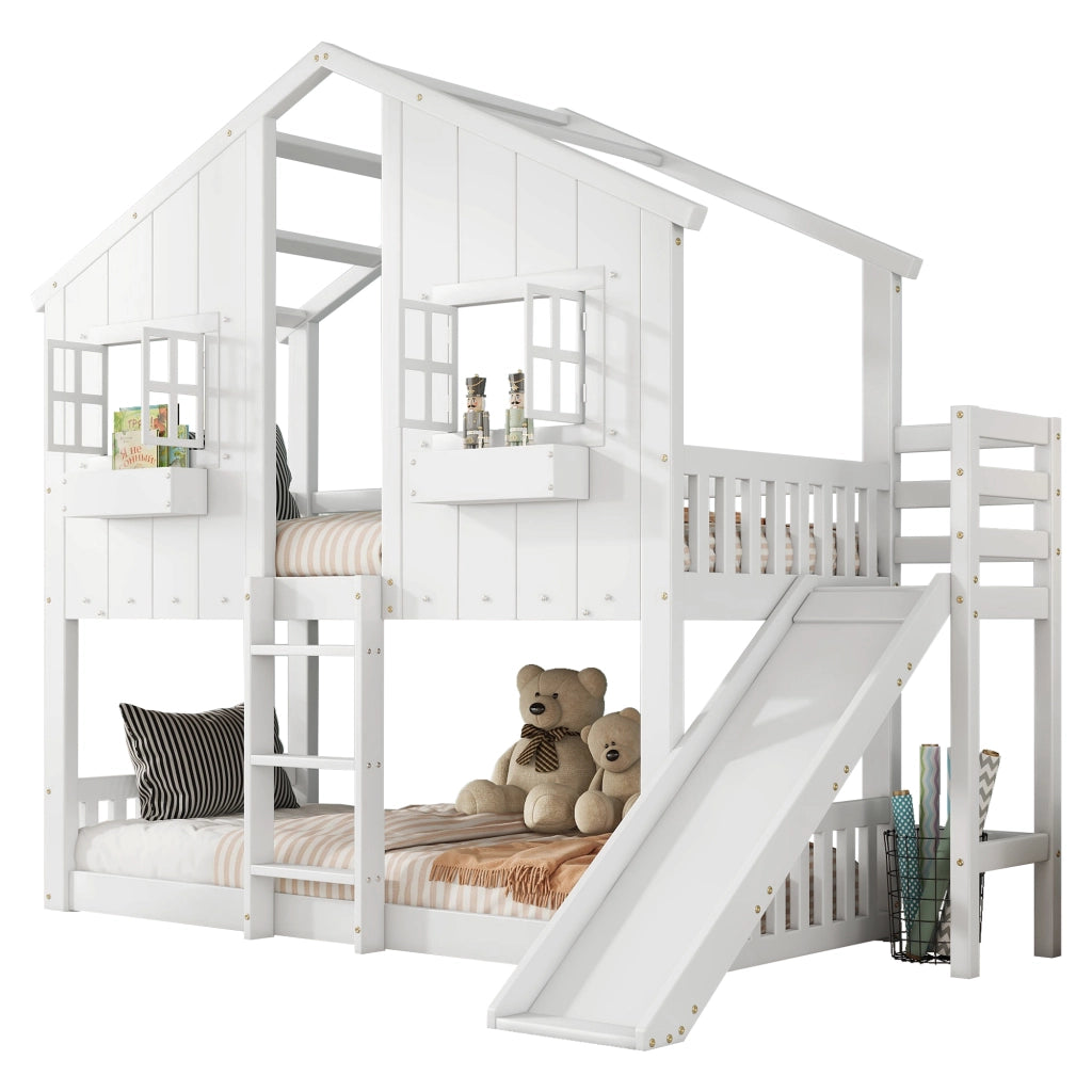 Letto a Castello 90x200 cm con Scivolo; Tetto e Finestre - Legno e MDF - Bianco