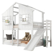 Letto a Castello 90x200 cm con Scivolo; Tetto e Finestre - Legno e MDF - Bianco