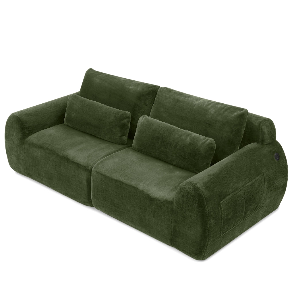 Divano 2 Posti in Ecopelliccia Morbida Verde con USB ¨C MINIMAL ¨C Velluto/Similpelle