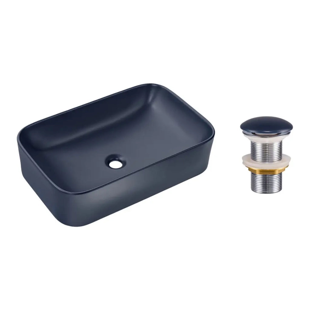 Lavabo rettangolare da appoggio 61x38 cm in blu navy lucido con piletta click clack