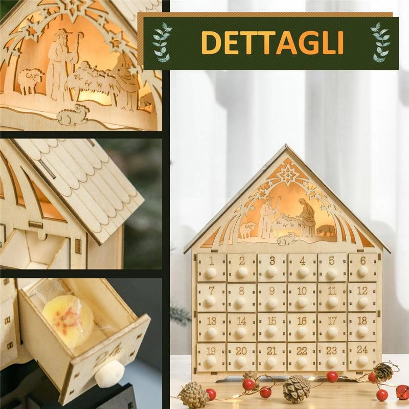 CALENDARIO DELL'AVVENTO IN LEGNO CON 24 CASSETTI E PRESEPE INTAGLIATO - 26.6X6X30CM