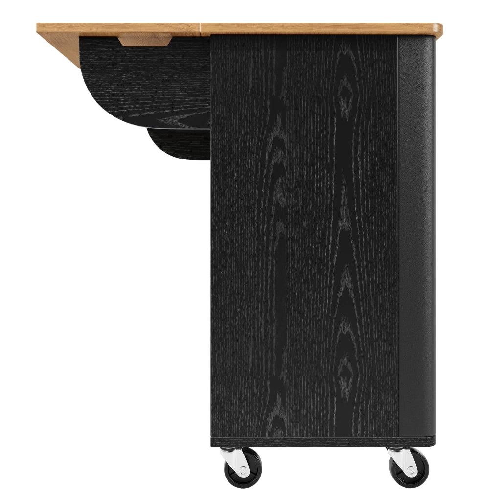 Carrello da Cucina con 3 Ante; Piano Pieghevole; Portaasciugamani e Ripiani Regolabili; in MDF; 130 x 45 (75) x 92 cm; Nero