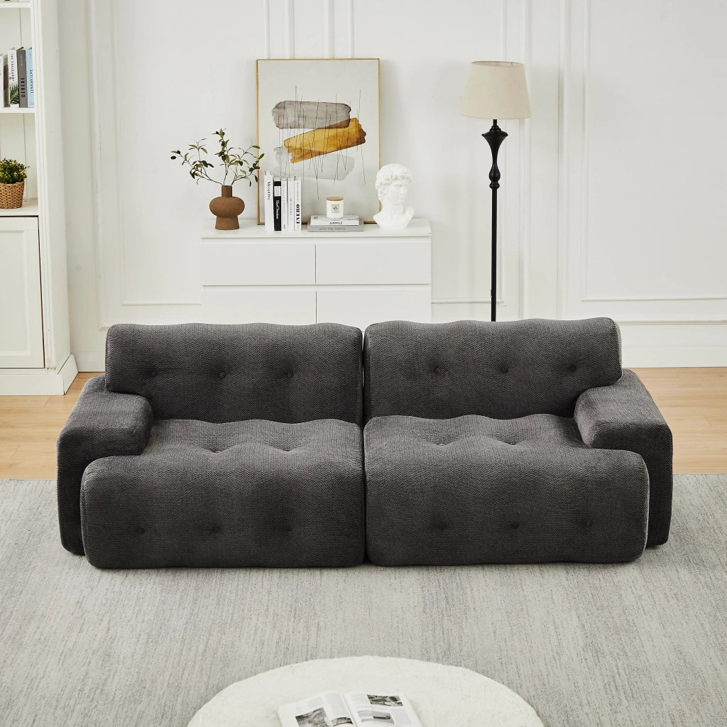 Divano dritto in ciniglia con braccioli ampi, imbottitura con bottoni e seduta profonda grigio 224 × 104 × 66 cm
