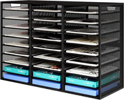 Organizzatore per archiviazione di documenti e riviste 9 livelli, con 27 contenitori, con stoccaggio ordinato in legno di noce e metallo nero