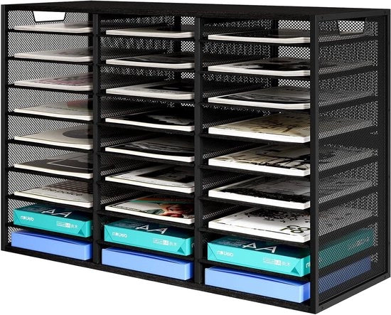Organizzatore per archiviazione di documenti e riviste 9 livelli, con 27 contenitori, con stoccaggio ordinato in legno di noce e metallo nero