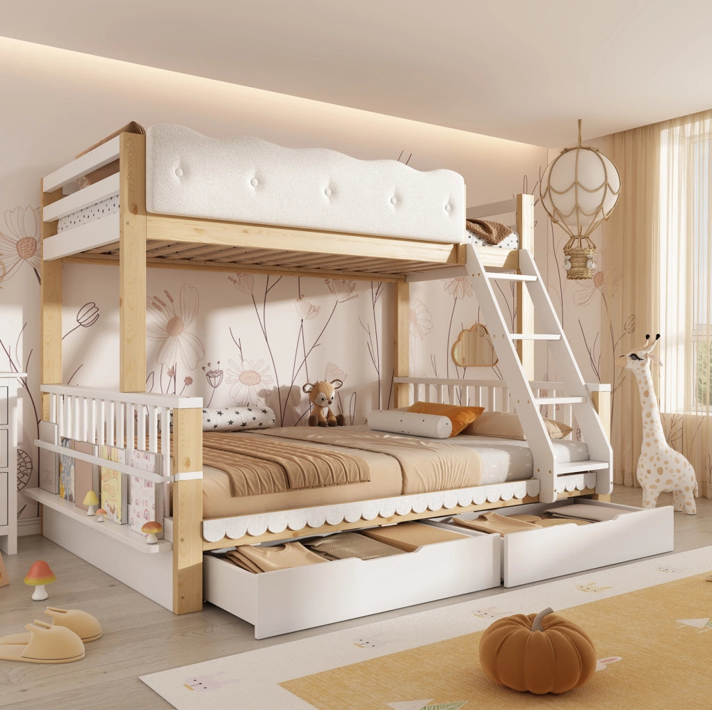 Letto a castello per bambini e adulti 90x200/140x200 cm in legno bianco e eiche con cassetti
