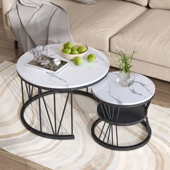 Tavolo da salotto a ronda - Struttura in metallo - Tavolo in marmo laminato - Set da 2 - Versione nera