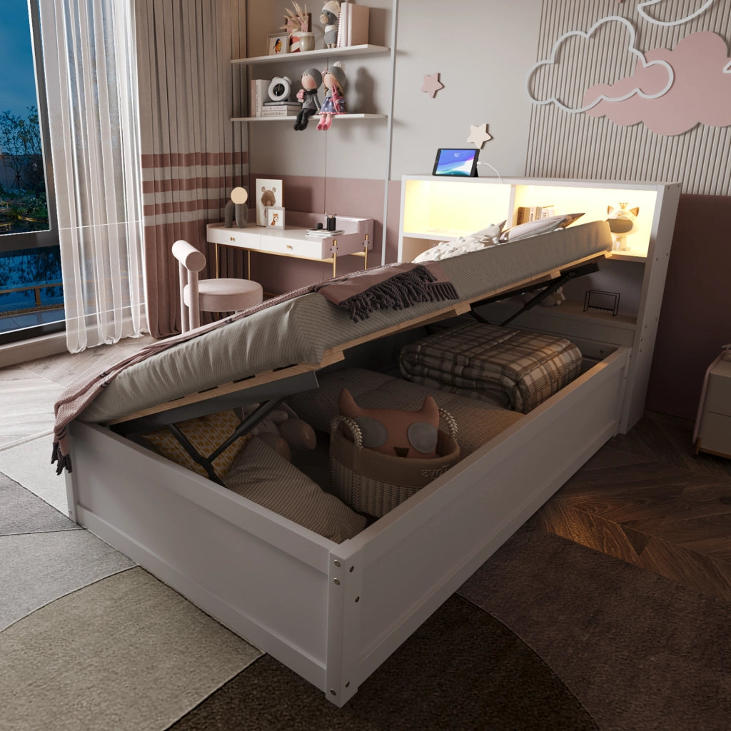 Letto Singolo Multifunzione con Contenitore, LED e Prese ¨C MINIMAL ¨C Legno Massello Bianco 90x200