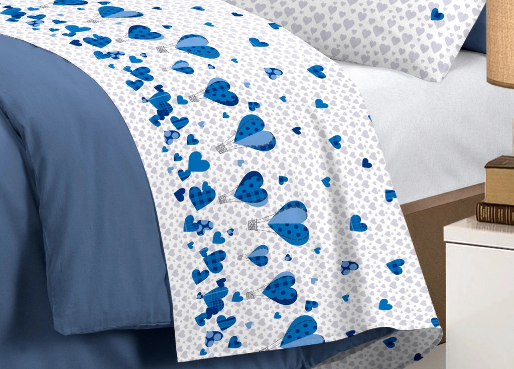 Completo Lenzuola Linea Pensieri Delicati 100% Cotone Disegno Mongolfiera - Matrimoniale - Blu
