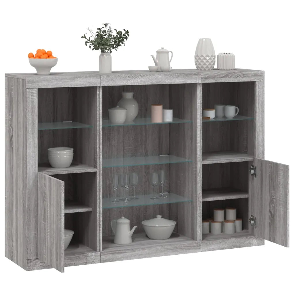 Credenze con Luci LED 3 pz | Madia | Buffet da pranzo | Armadio da pranzo Grigio Sonoma in Legno Multistrato
