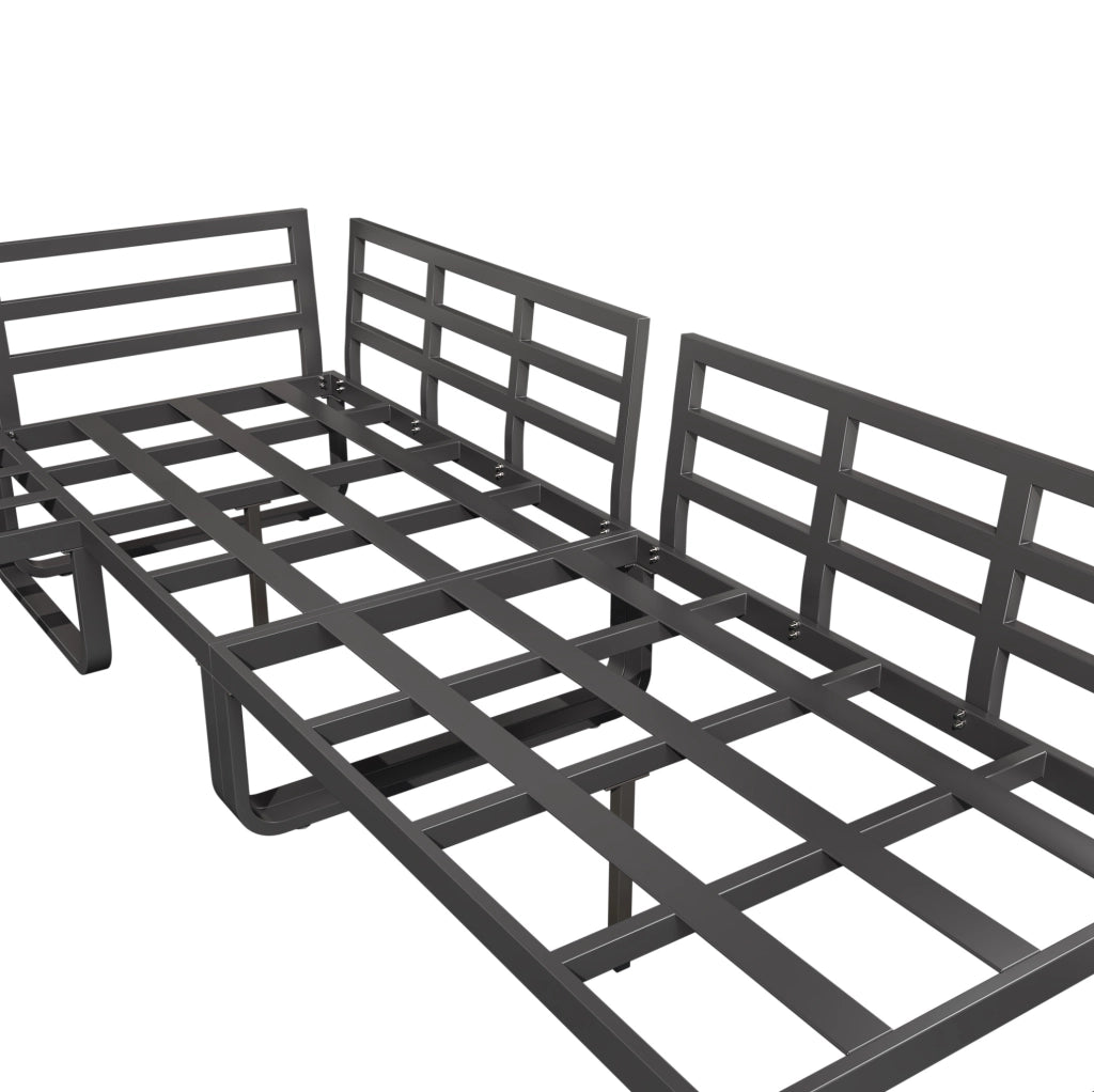 Set da giardino 5 posti con cuscini e 2 tavolini sovrapponibili; ferro zincato grigio