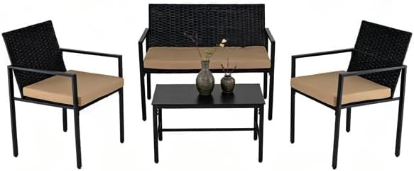 Set di Mobili da Giardino in Rattan per 4 Persone, Composto da 2 Poltrone e Tavolo in Vetro Temperato, Mobili Multiuso per Balcone, Terrazza e Veranda