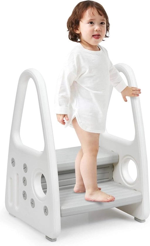Scalino per bambini, 2 livelli, sgabello per bambini in plastica, scala a pioli, ideale per la camera dei bambini, cucina e bagno (grigio)