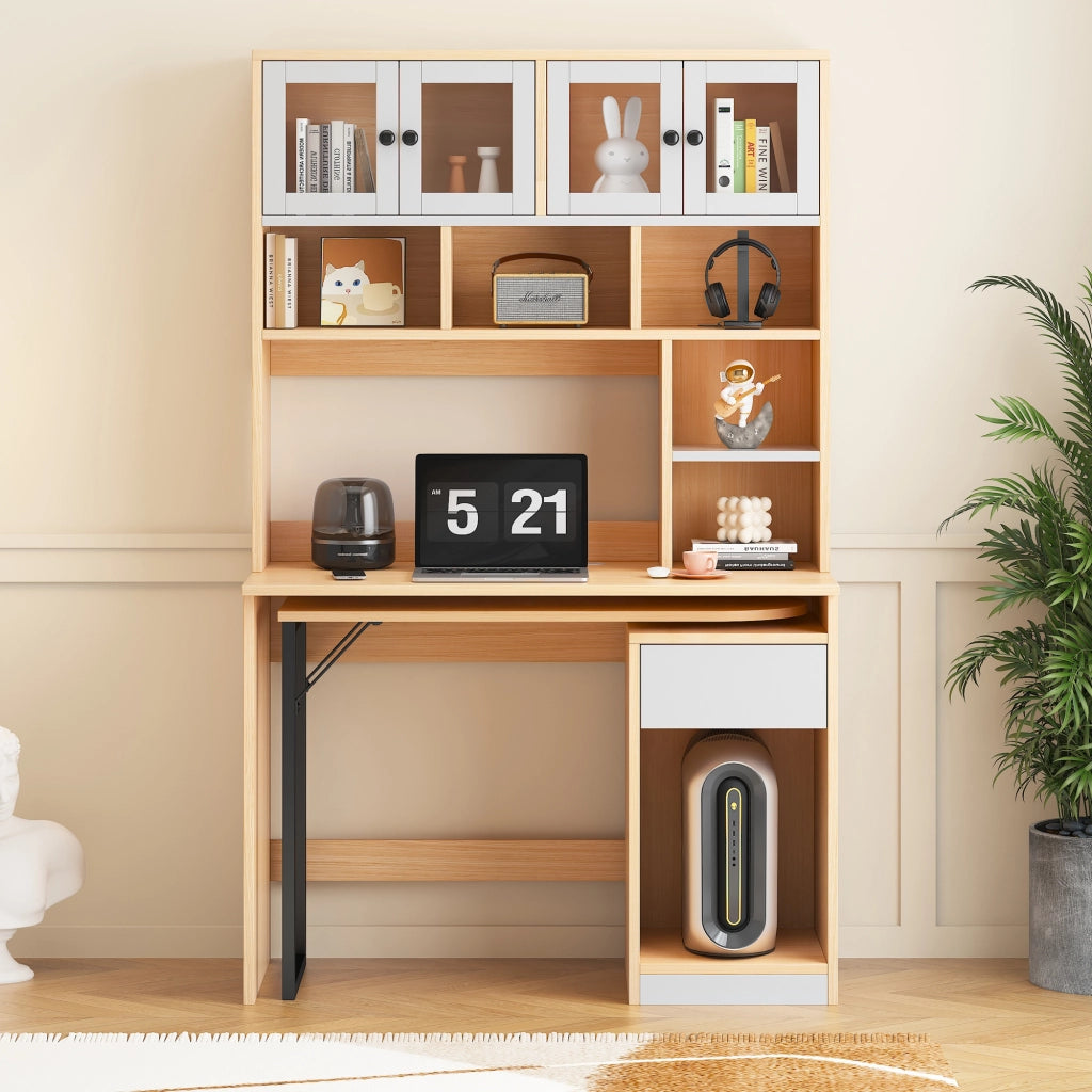 Scrivania lineare con libreria alta, ante in acrilico, cassetti e vani aperti, per studio e ufficio, 180 cm