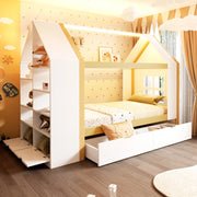Letto bambini a forma di casa 90x200 cm con LED; 2 cassetti; in legno massello e MDF; bianco e naturale