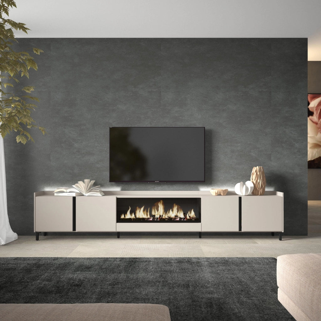 Mobile TV Soggiorno, 315x61x35 cm, Per TV fino a 80", Camino elettrico XXL, Design industriale, LED, Beige