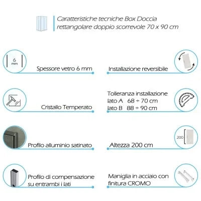 Box doccia angolare 70x90 cm doppio scorrevole in cristallo trasparente Ted