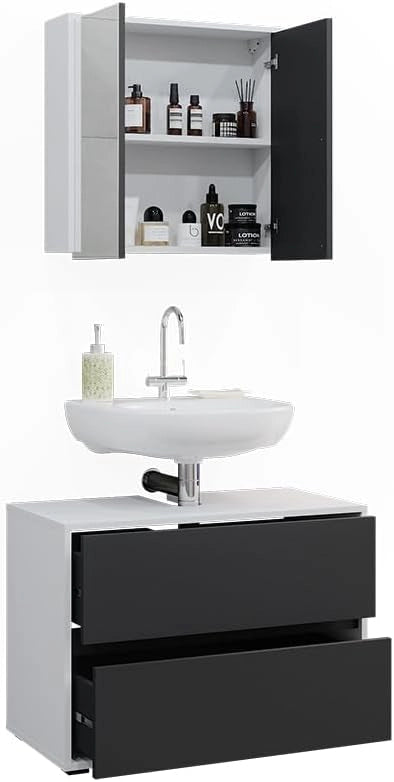 Set di mobili da bagno Maltin, Bianco/antracite, 80 cm, composto da specchio da bagno e mobile sottolavabo