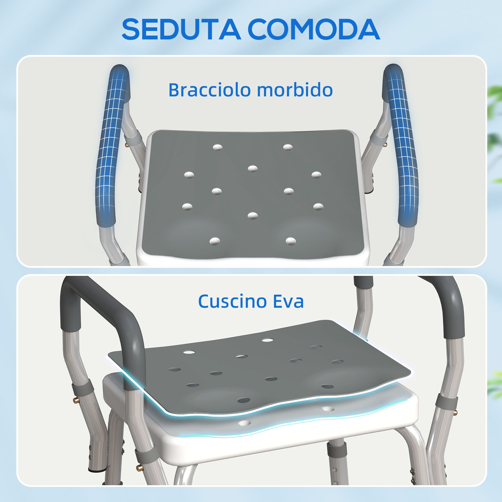 Sgabello per Doccia Regolabile 52x45x57-69 cm con Braccioli e Fori di Drenaggio in Alluminio Grigio