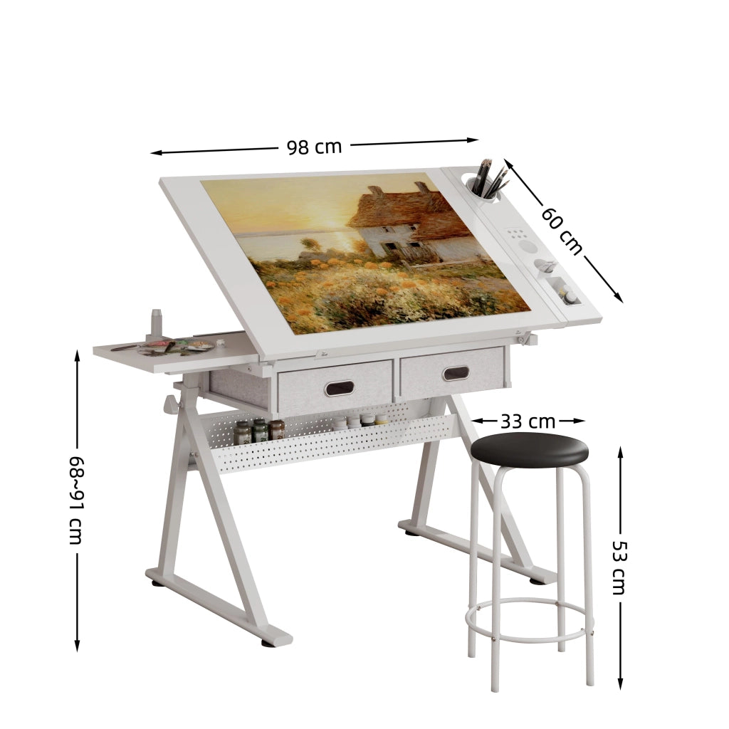 Scrivania inclinabile con 2 cassetti e sgabello per studio in MDF e metallo bianco