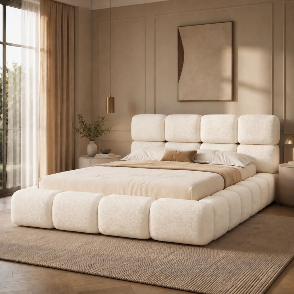 Letto Matrimoniale 160x200 cm; in Bouclé Bianco; Testiera Imbottita e Bordi Arrotondati