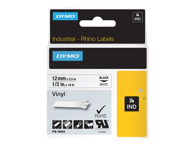 DYMO Rhino etichette industriali in vinile autoadesive / rotolo da 12 mm x 5,5 m / stampa nera su bianco