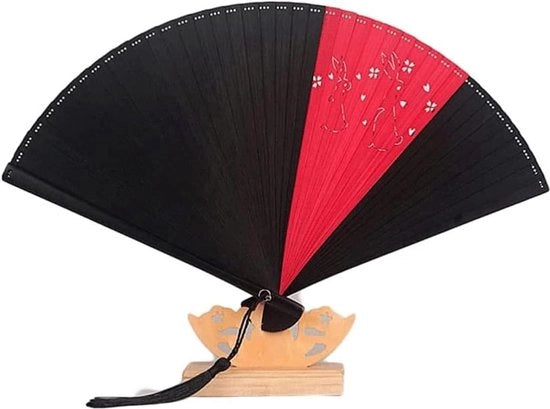 Ventilatore a Mano Vintage per Feste Estive a Pieghevole con Bambù Nero-Rosso
