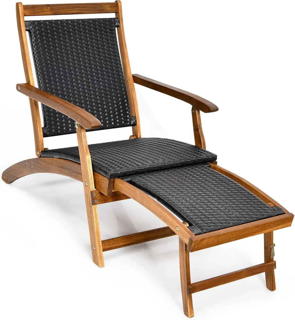 Sedia a Sdraio da Esterno con Poggiapiedi Telescopico, Schienale e Sedile in Rattan, Poltrona Pieghevole con Struttura in Legno Massello per Giardino, Cortile, Portata 160 kg