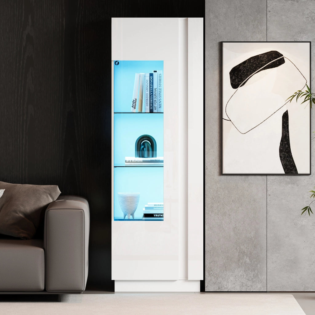 Vetrina con porta in acrilico e LED a controllo app, 5 vani e ripiani in vetro, per soggiorno, bianco, 60 × 40 × 180 cm