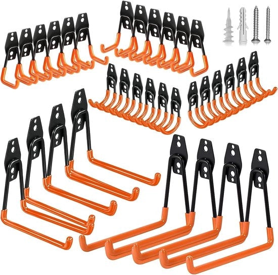 Set di 32 chiodi da parete, garage, chiodi pesanti con viti e protezione in gomma, appendi capi per garage, spazio di stoccaggio ridotto, fissaggio alla parete per attrezzi, biciclette, scale, sci, attrezzi da giardino - arancione