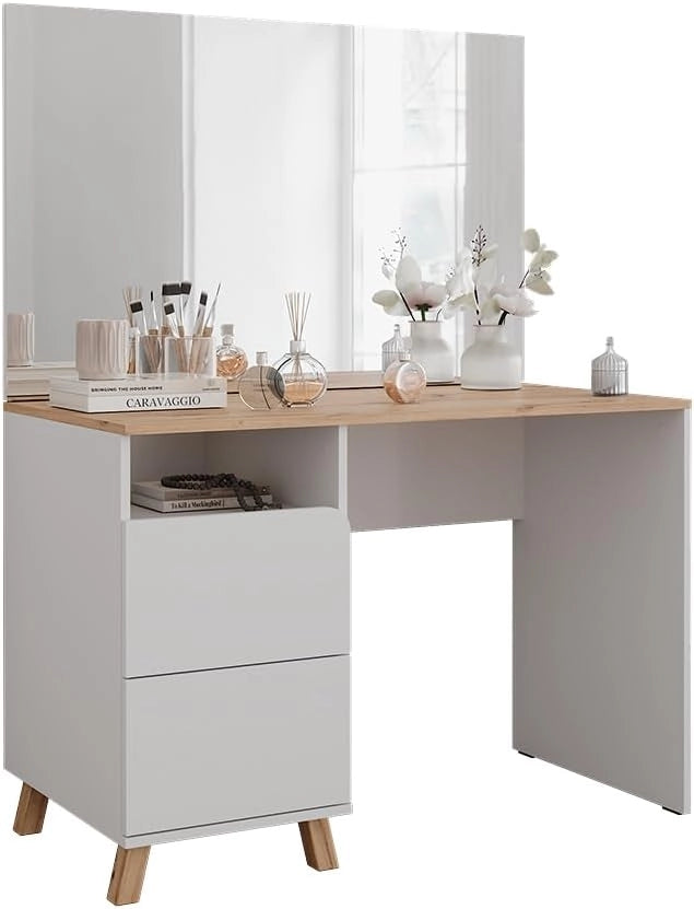 Tavolo da toeletta Karen, Bianco/Artisan, 110 cm con specchio, Materiali robusti per un utilizzo duraturo