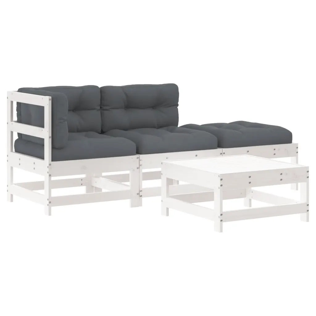 Set Divani da Giardino 4pz con Cuscini in Legno Massello Bianco