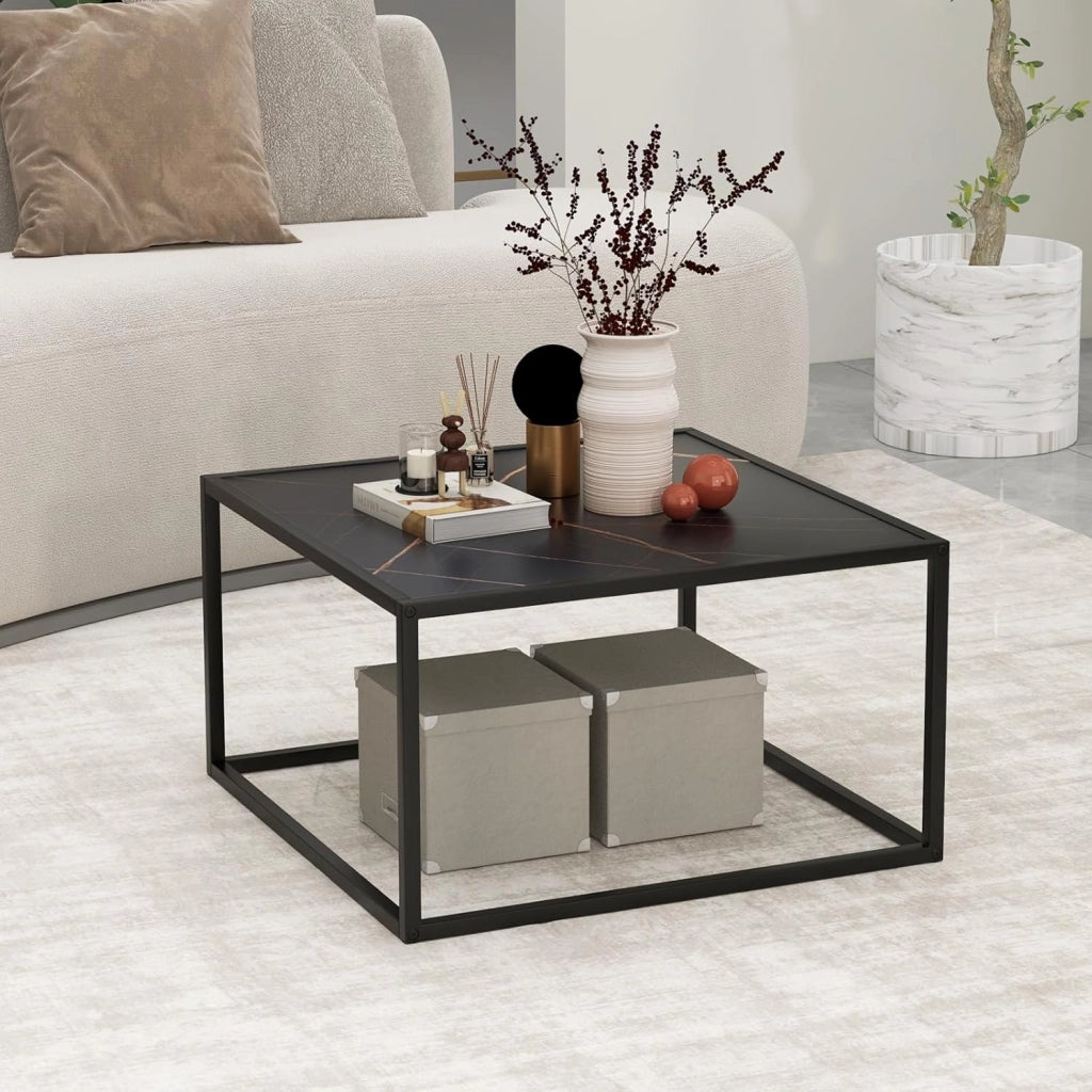Tavolino da caffè effetto marmo, tavolino da tè con telaio in metallo, tavolo moderno, tavolino quadrato per soggiorno, 70 x 70 x 40 cm (nero)
