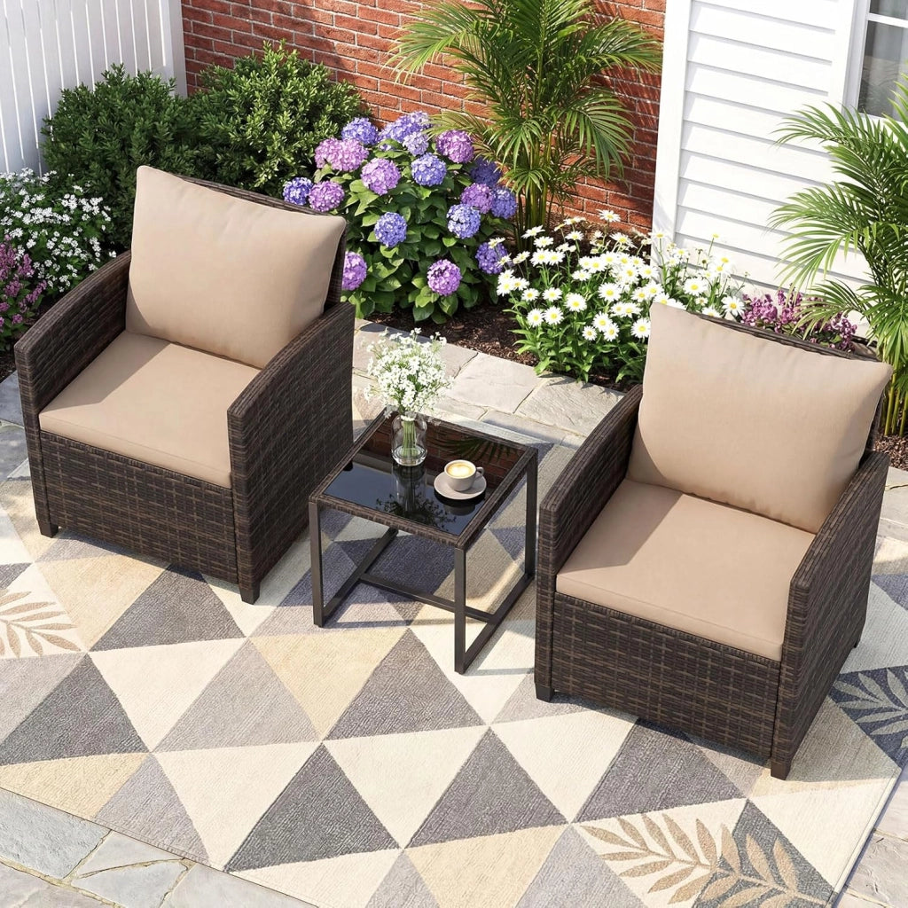 Set Mobili da Giardino 3 Pezzi, Salotto da Esterno in Rattan PE con 2 Poltrone e 1 Tavolino in Vetro Temperato, Set da Conversazione con Cuscini Sfoderabili per Patio (giallo, Modello 5)