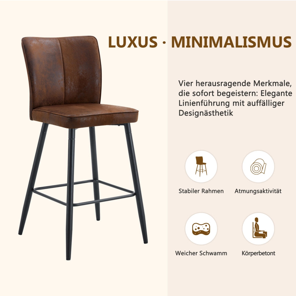 Set di 2 Sgabelli da Bar con Schienale Ergonomico e Poggiapiedi Quadrato; Metallo e Tessuto; Marrone e Nero