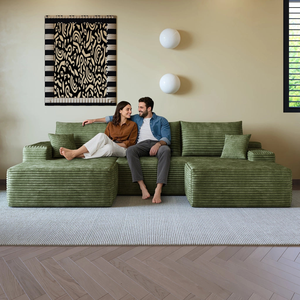 Divano angolare modulare con chaise longue a L in tessuto a coste, schiuma ad alta elasticità, verde per soggiorno